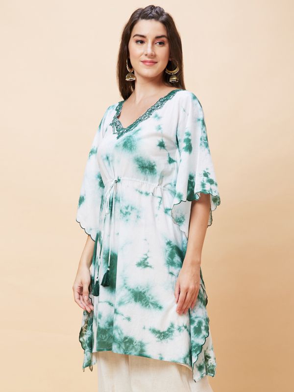 Globus Women Green Tie Dye V-Neck Fusion Kaftan Kurta