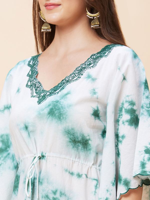 Globus Women Green Tie Dye V-Neck Fusion Kaftan Kurta