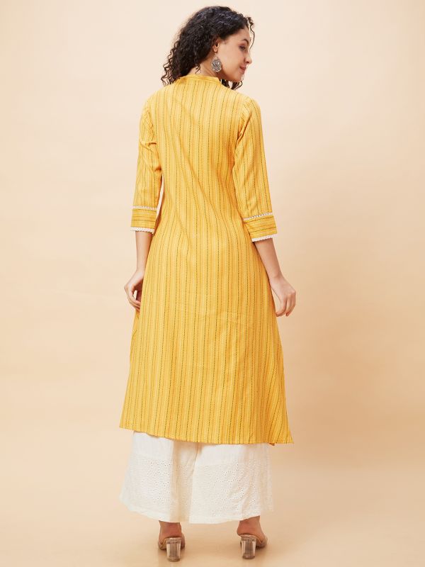 Globus Women Yellow Striped Mandarin Collar Yarn Dyed Casual A-Line Kurta