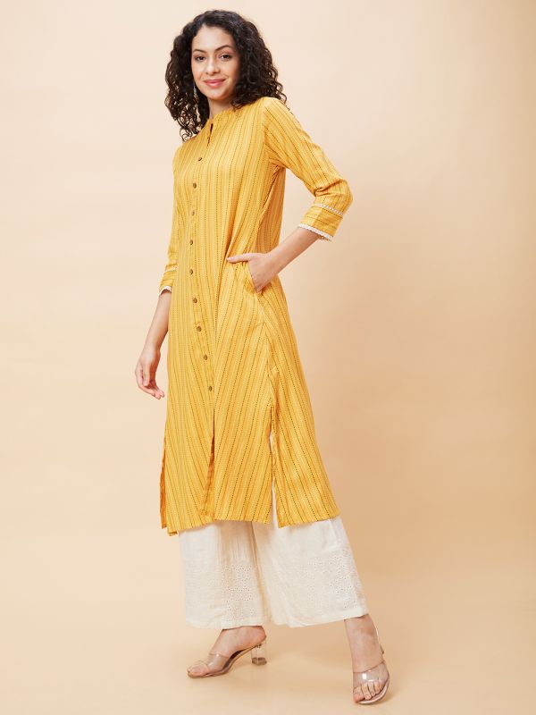 Globus Women Yellow Striped Mandarin Collar Yarn Dyed Casual A-Line Kurta