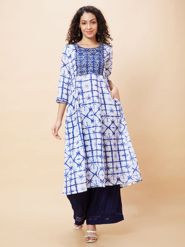 Globus Women Blue Tie-Dyed Geometric Print Round Neck Yoke Embroidered Panelled A-Line Kurta