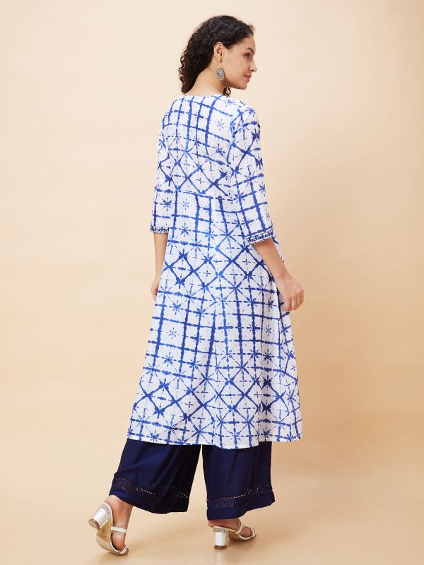 Globus Women Blue Tie-Dyed Geometric Print Round Neck Yoke Embroidered Panelled A-Line Kurta