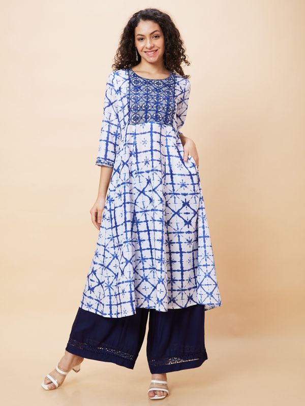 Globus Women Blue Tie-Dyed Geometric Print Round Neck Yoke Embroidered Panelled A-Line Kurta