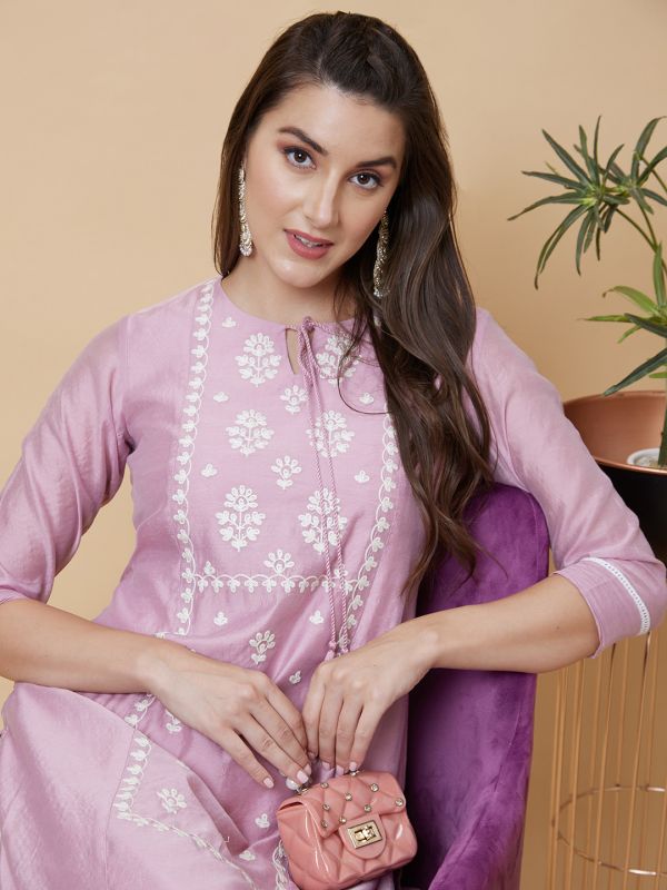 Globus Women Pink Embroidered Tie-Up Neck Straight Kurta