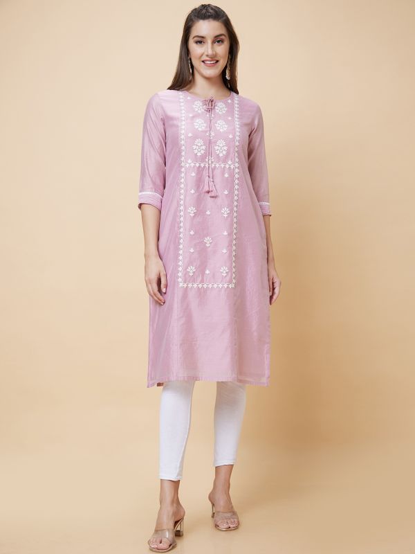 Globus Women Pink Embroidered Tie-Up Neck Straight Kurta