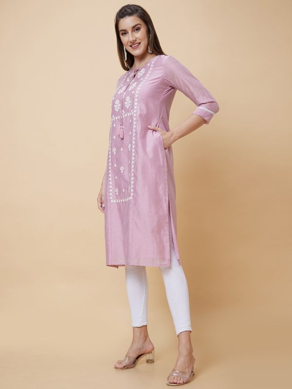 Globus Women Pink Embroidered Tie-Up Neck Straight Kurta