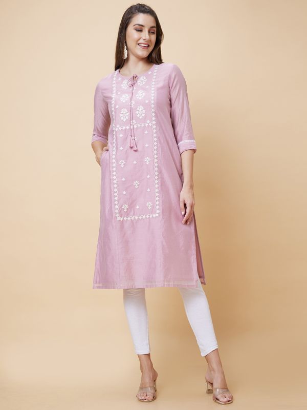 Globus Women Pink Embroidered Tie-Up Neck Straight Kurta