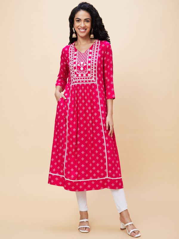 Globus Women Pink Ethnic Motifs Print V-Neck Yoke Embroidered Panelled A-Line Kurta