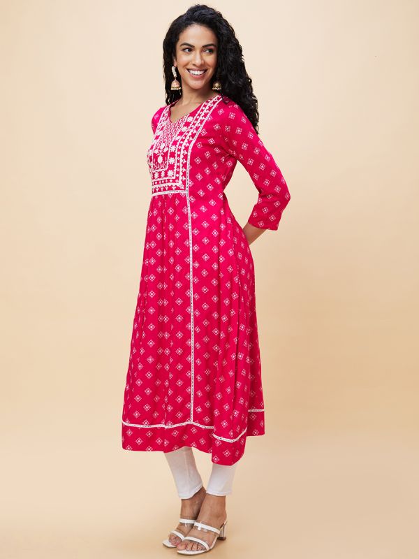 Globus Women Pink Ethnic Motifs Print V-Neck Yoke Embroidered Panelled A-Line Kurta