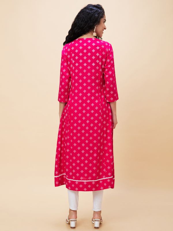 Globus Women Pink Ethnic Motifs Print V-Neck Yoke Embroidered Panelled A-Line Kurta