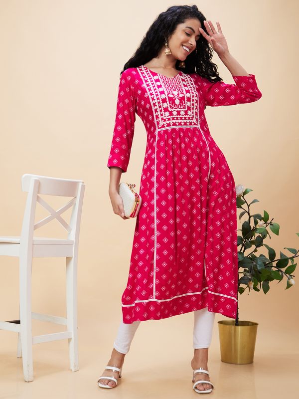 Globus Women Pink Ethnic Motifs Print V-Neck Yoke Embroidered Panelled A-Line Kurta