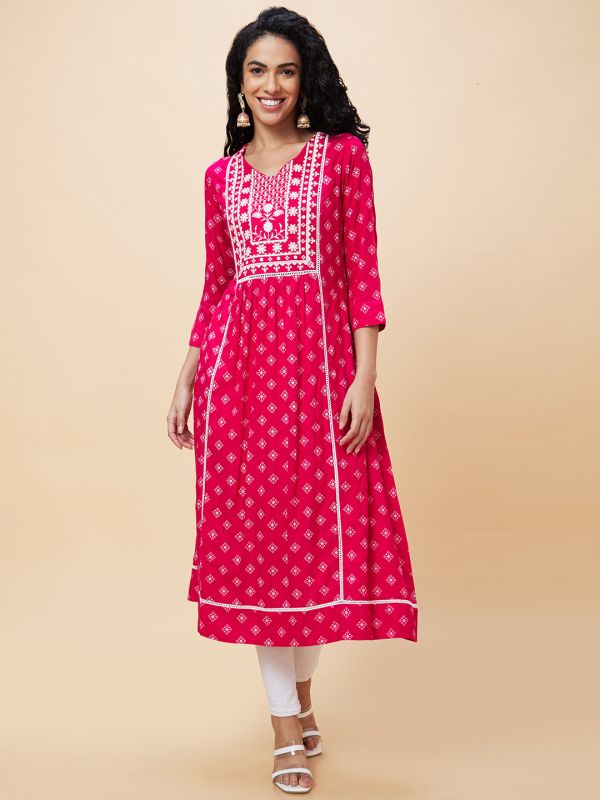 Globus Women Pink Ethnic Motifs Print V-Neck Yoke Embroidered Panelled A-Line Kurta