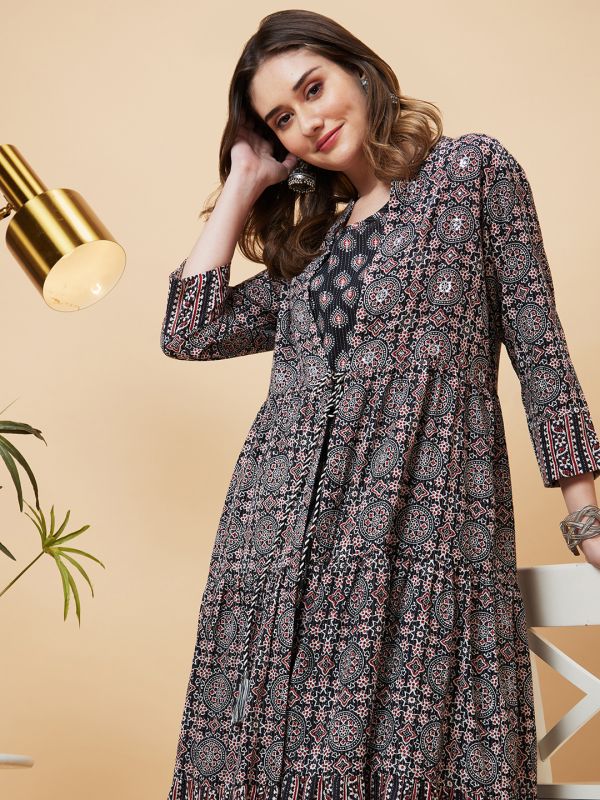 Globus Women Black Printed Layering Flared A-Line Kurta