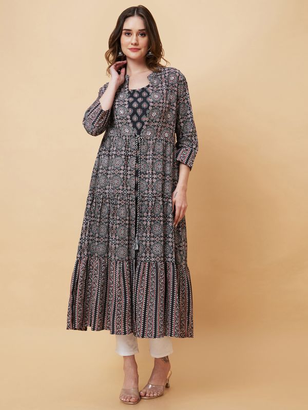 Globus Women Black Printed Layering Flared A-Line Kurta