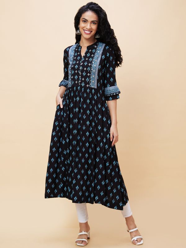 Globus Women Black Ethnic Motifs Print Mandarin Collar Panelled Anarkali Kurta