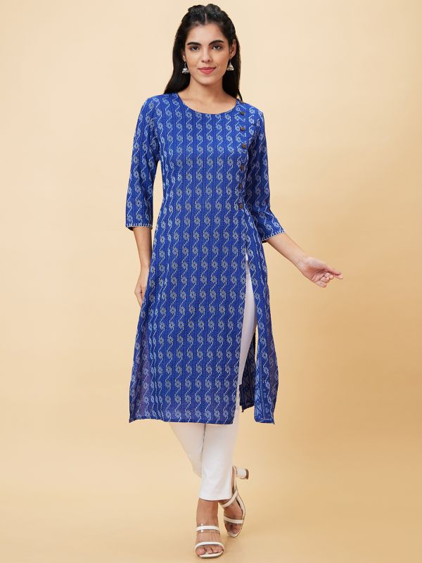 Globus Women Blue Printed Round Neck A-Line Kurta