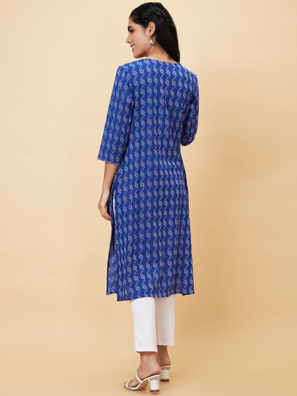 Globus Women Blue Printed Round Neck A-Line Kurta