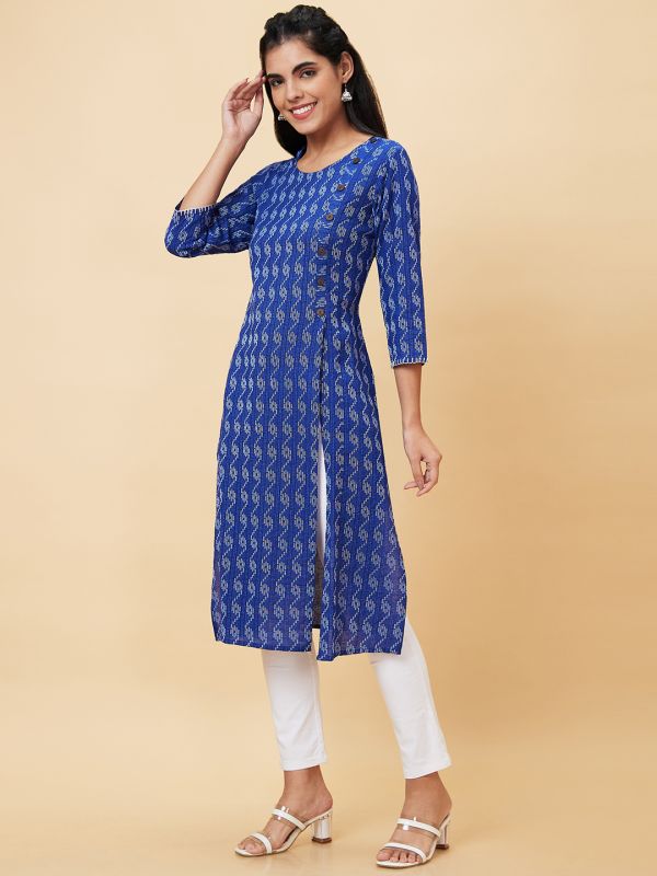 Globus Women Blue Printed Round Neck A-Line Kurta