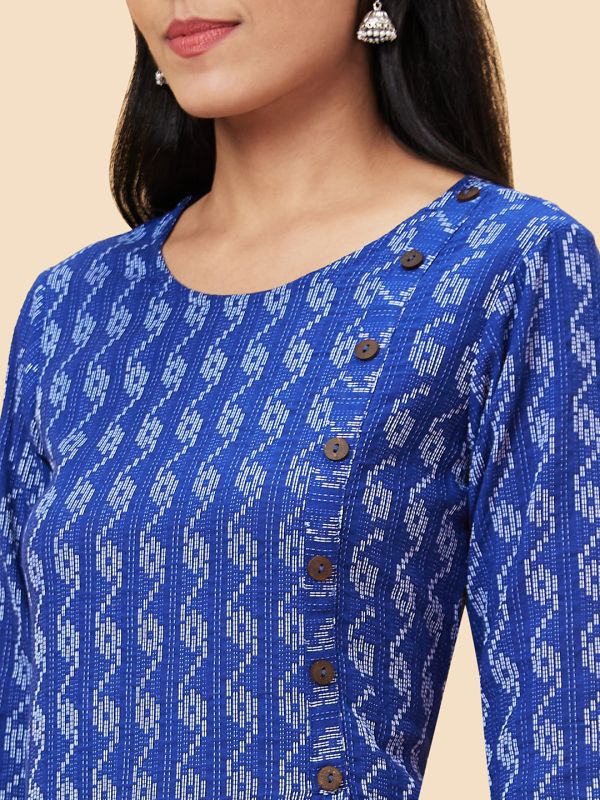 Globus Women Blue Printed Round Neck A-Line Kurta