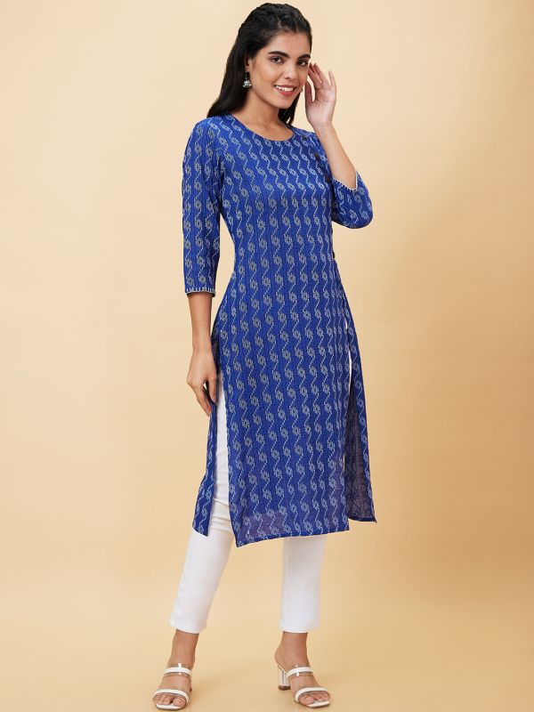 Globus Women Blue Printed Round Neck A-Line Kurta