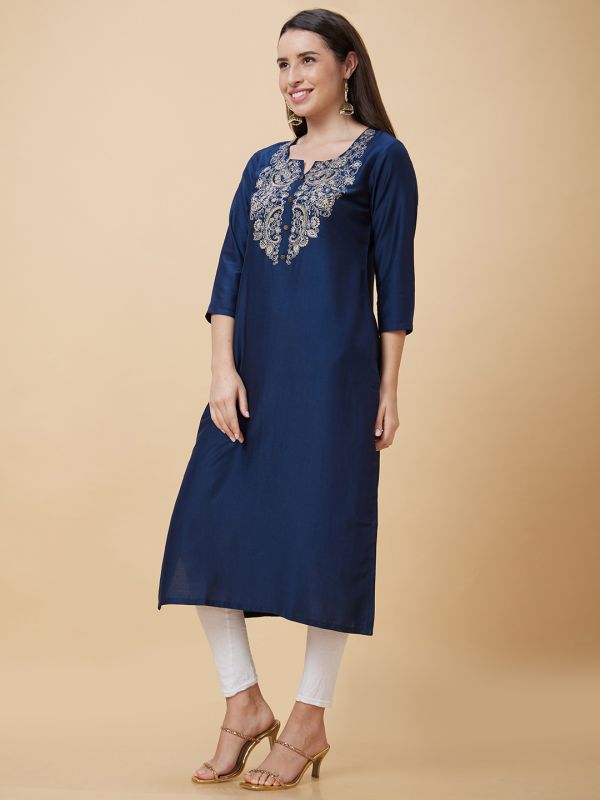 Globus Women Blue Floral Yoke Embroidered Round Neck Straight Kurta with Pockets