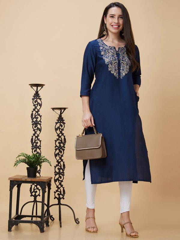 Globus Women Blue Floral Yoke Embroidered Round Neck Straight Kurta with Pockets