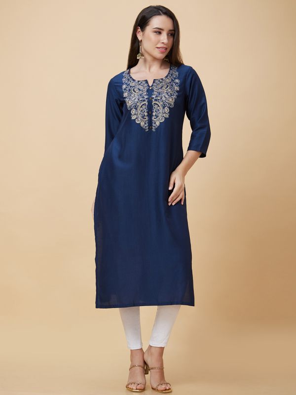 Globus Women Blue Floral Yoke Embroidered Round Neck Straight Kurta with Pockets