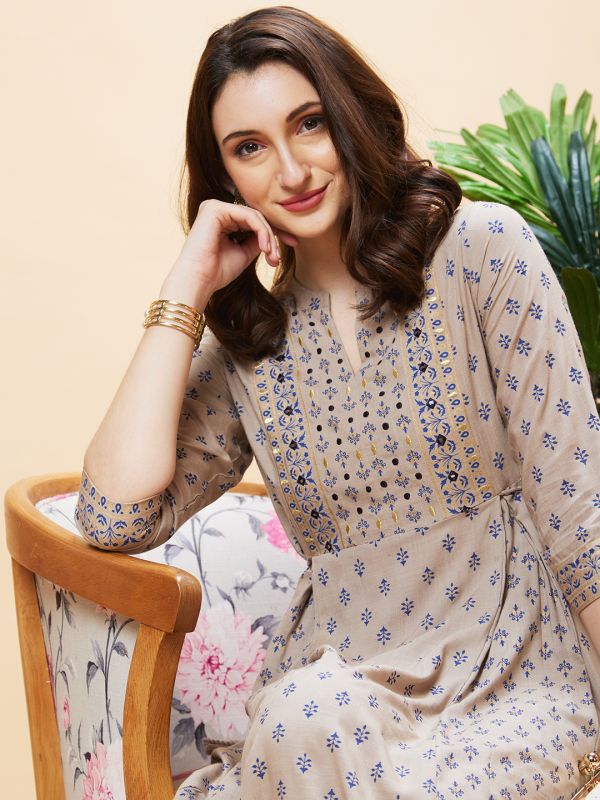 Globus Women Taupe Ethnic Motifs Print Mandarin Collar Panelled Flared A-Line Kurta with Tassel and Dori Detailing