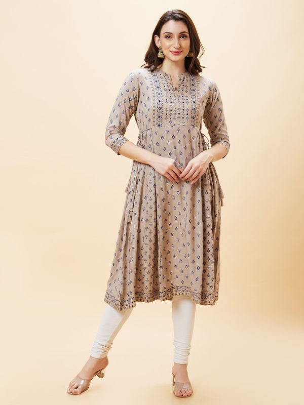 Globus Women Taupe Ethnic Motifs Print Mandarin Collar Panelled Flared A-Line Kurta with Tassel and Dori Detailing