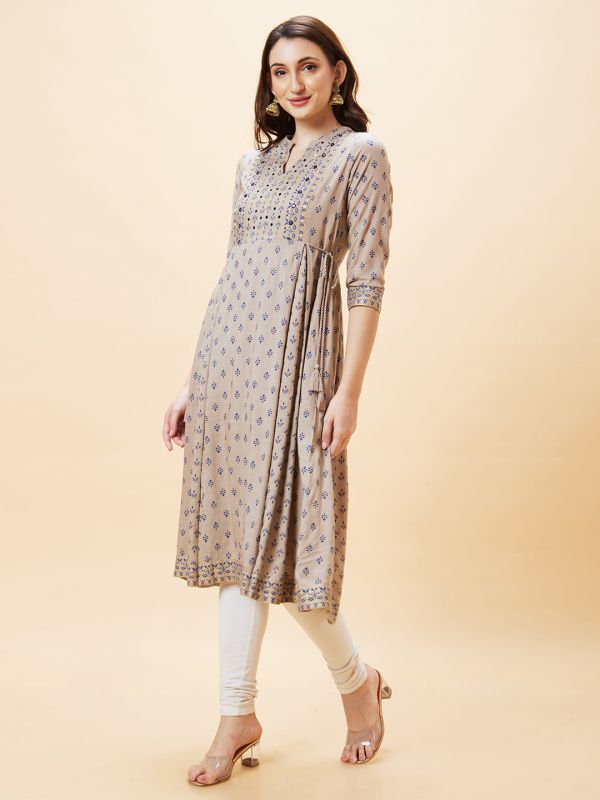 Globus Women Taupe Ethnic Motifs Print Mandarin Collar Panelled Flared A-Line Kurta with Tassel and Dori Detailing