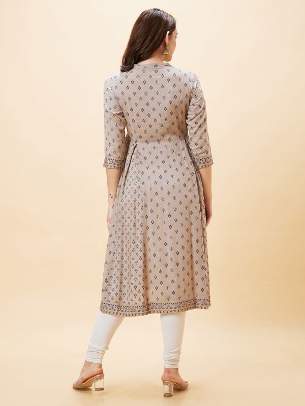 Globus Women Taupe Ethnic Motifs Print Mandarin Collar Panelled Flared A-Line Kurta with Tassel and Dori Detailing