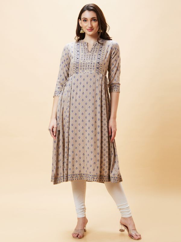 Globus Women Taupe Ethnic Motifs Print Mandarin Collar Panelled Flared A-Line Kurta with Tassel and Dori Detailing