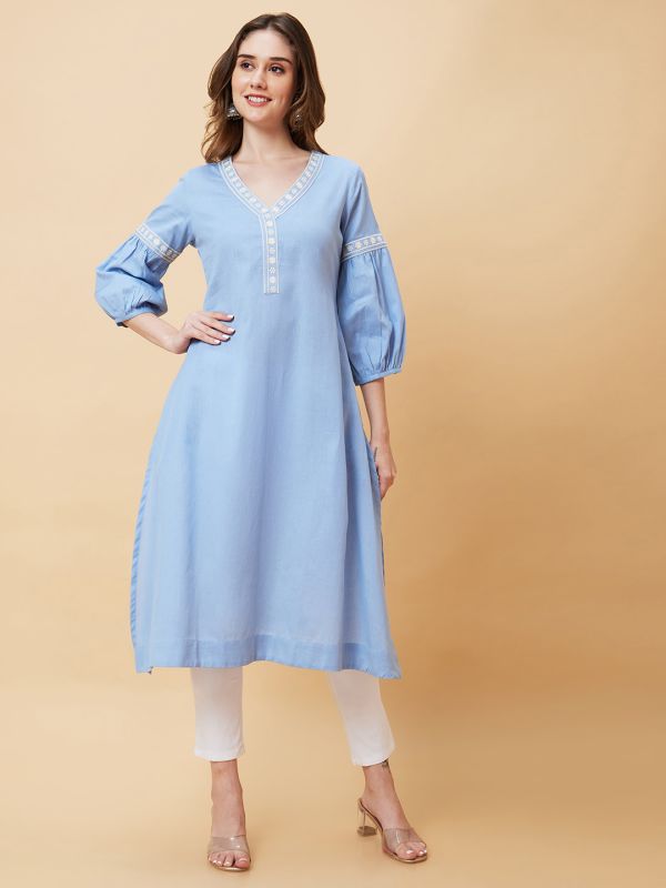 Globus Women Blue Solid Bishop Sleeves Embroidery Detailing Straight Fusion Kurta