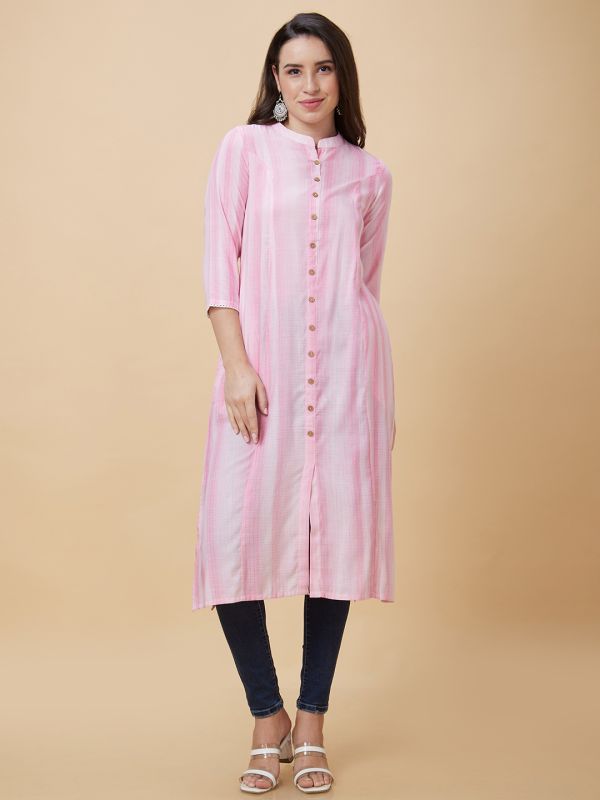 Globus Women Pink Dobby Woven Design Lace Detailing Mandarin Collar A-Line Kurta