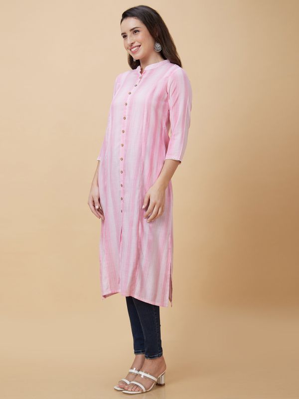 Globus Women Pink Dobby Woven Design Lace Detailing Mandarin Collar A-Line Kurta