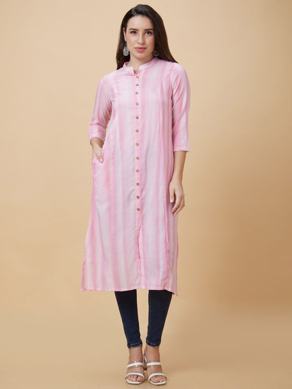 Globus Women Pink Dobby Woven Design Lace Detailing Mandarin Collar A-Line Kurta