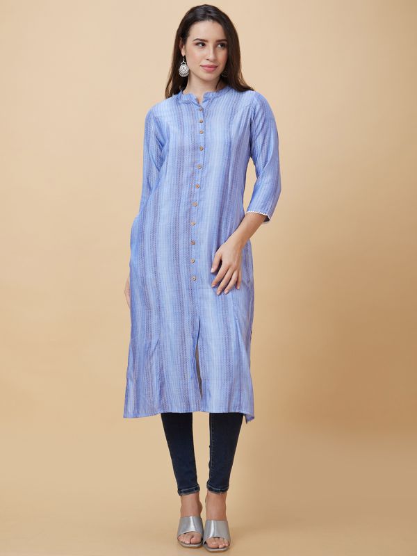 Globus Women Blue Dobby Woven Design Lace Detailing Mandarin Collar A-Line Kurta