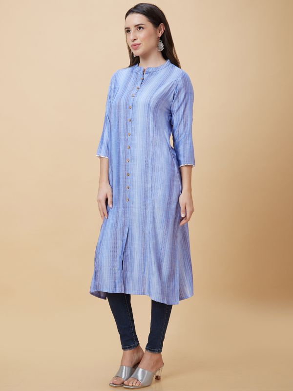 Globus Women Blue Dobby Woven Design Lace Detailing Mandarin Collar A-Line Kurta