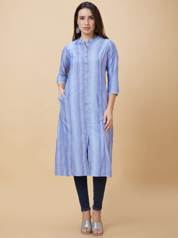 Globus Women Blue Dobby Woven Design Lace Detailing Mandarin Collar A-Line Kurta