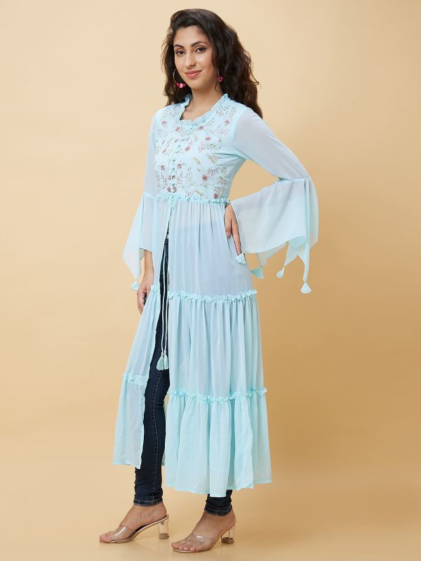 Globus Women Blue Embroidered Front Slit Tiered Fusion A-Line Kurta