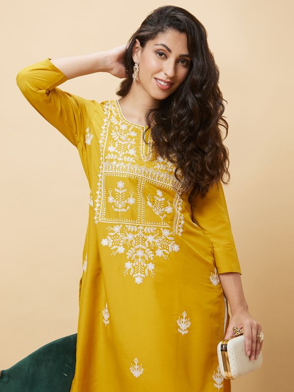 Globus Women Yellow Embroidered Round Neck Festive Straight Kurta