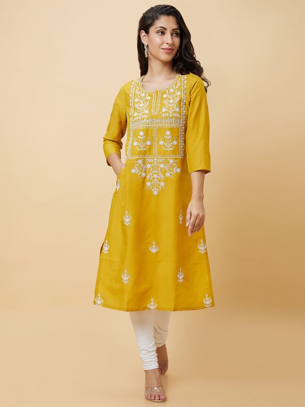 Globus Women Yellow Embroidered Round Neck Festive Straight Kurta