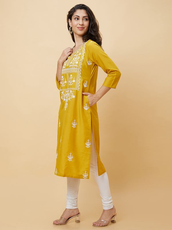 Globus Women Yellow Embroidered Round Neck Festive Straight Kurta