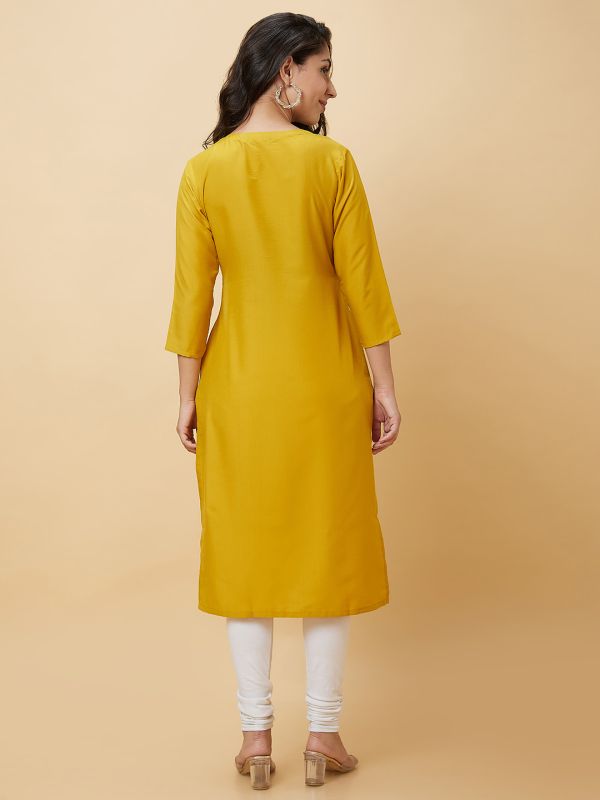 Globus Women Yellow Embroidered Round Neck Festive Straight Kurta