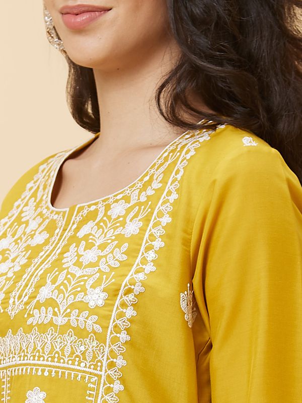 Globus Women Yellow Embroidered Round Neck Festive Straight Kurta