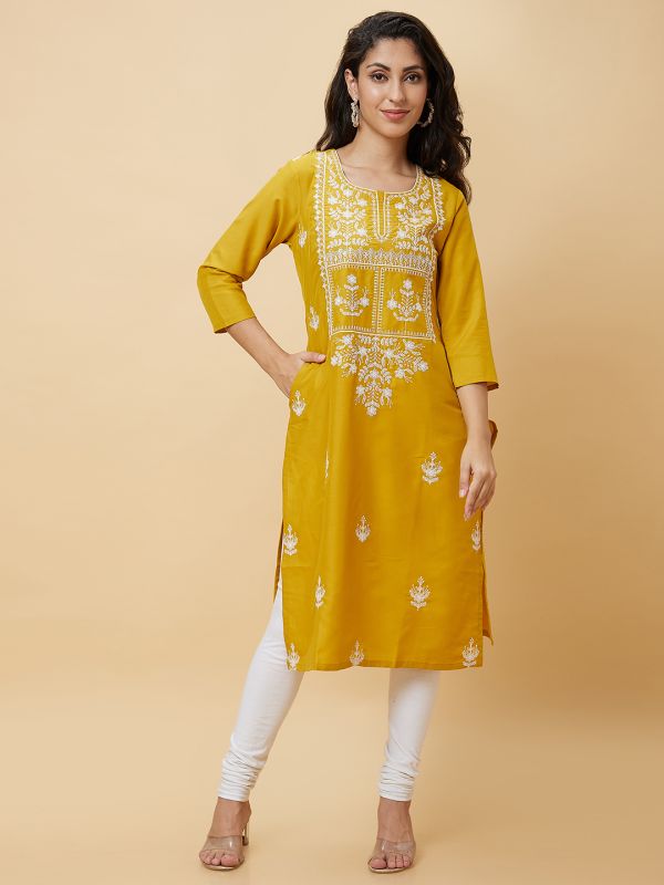 Globus Women Yellow Embroidered Round Neck Festive Straight Kurta