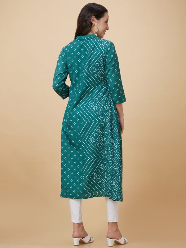 Globus Women Green Bandhani Print Mandarin Collar Kantha Stitch A-Line Kurta