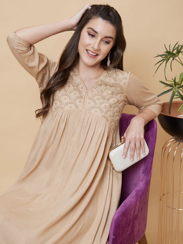 Globus Women Nude Yoke Embroidered V-Neck Fusion A-Line Kurta