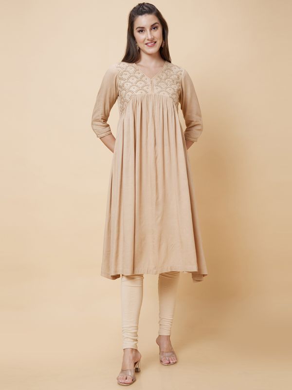 Globus Women Nude Yoke Embroidered V-Neck Fusion A-Line Kurta