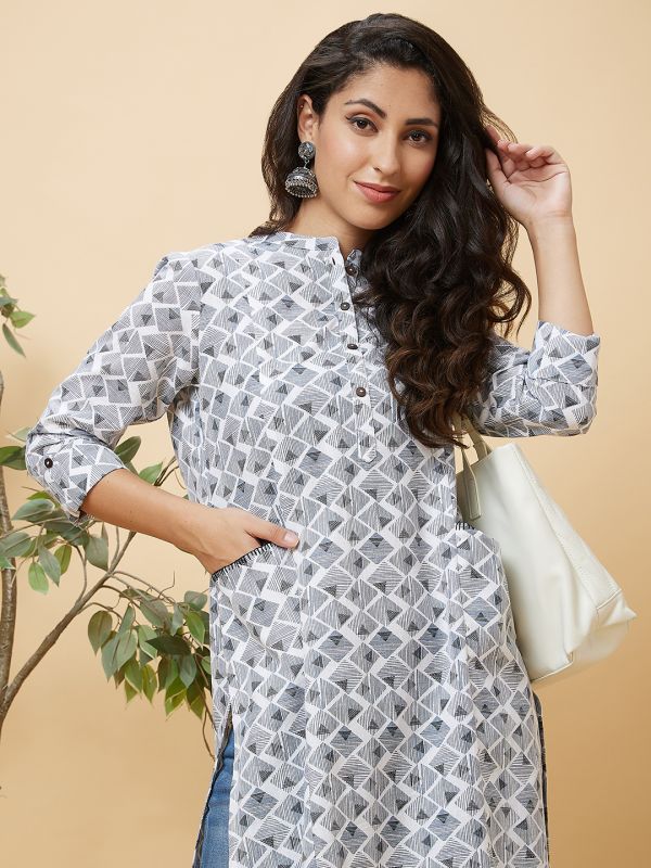 Globus Women White Ethnic Motifs Print Panelled Casual Straight Kurta